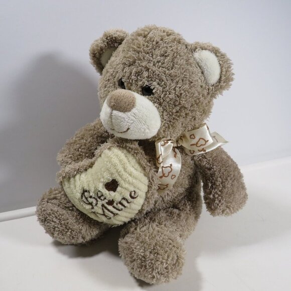 Taupe Teddy Bear with "Be Mine" Heart Terry Cloth type fabric 10" tall - Picture 2 of 11